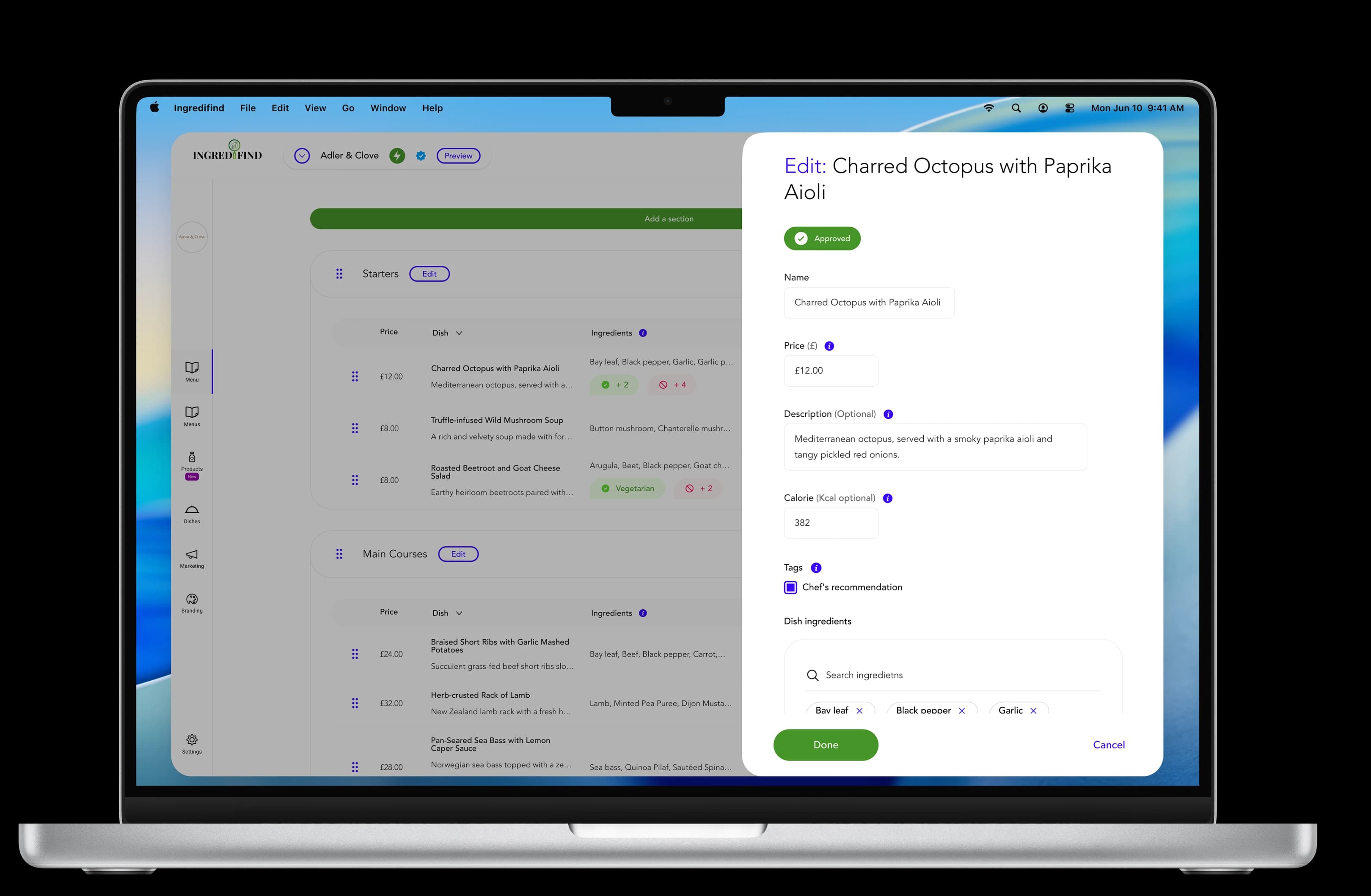 Dashboard — Manage your dishes, allergens calculate automatically