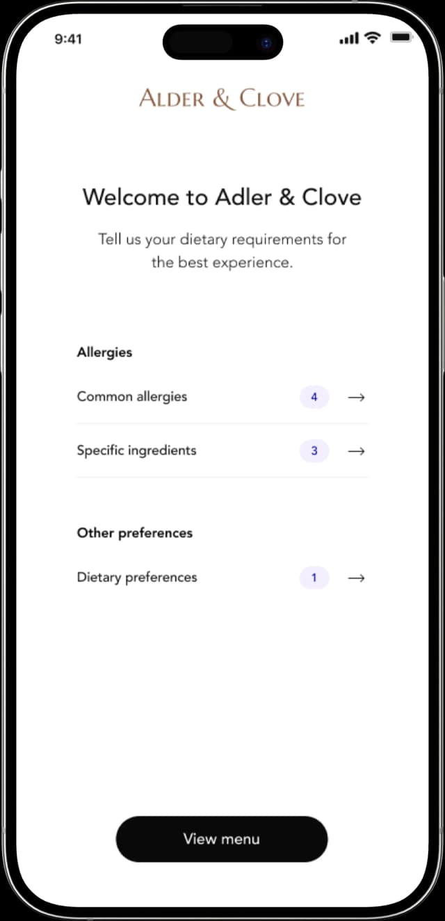 Guest Menu — phone showing allergen filtering